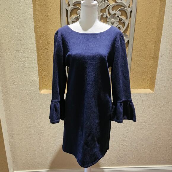 J.Crew Dress Medium Navy Ruffled Bell Sleeve Shift Sheath Classic Work Cocktail - Picture 3 of 11